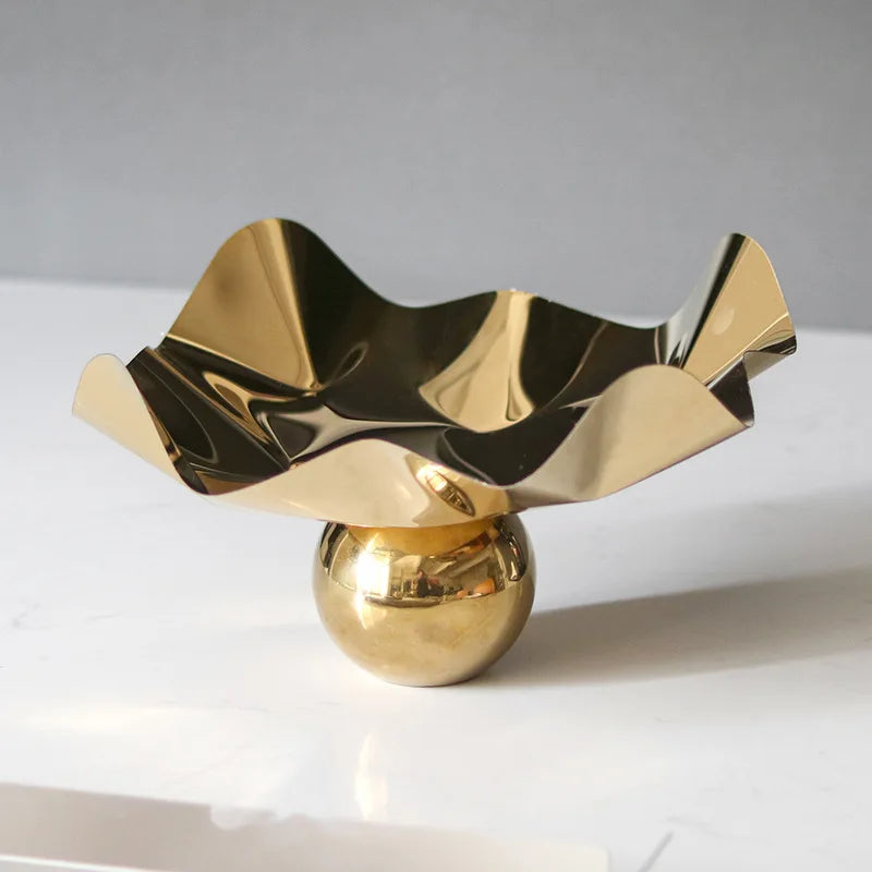 Luxury Sculptural Gold Pedestal Bowl – Irregular Metal Centerpiece