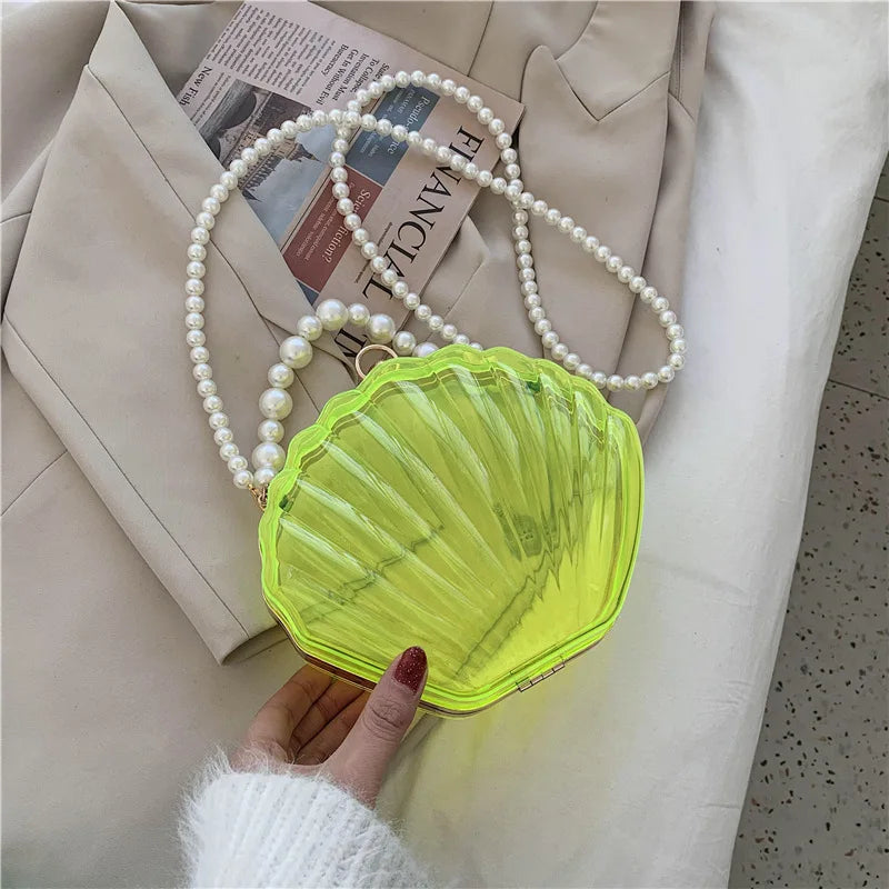 Transparent Shell Acrylic Clutch Bag – Evening Purse with Pearl Strap