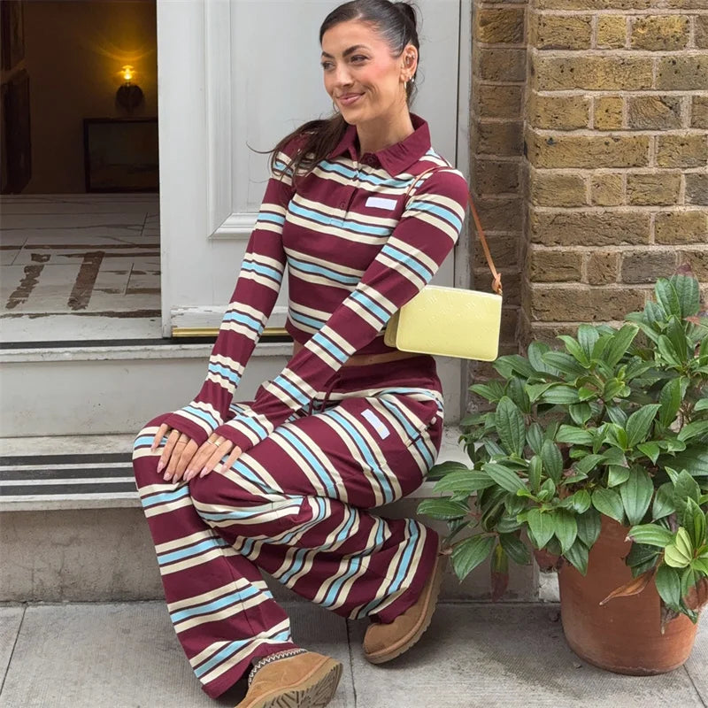 Burgundy Striped Lapel 2-Piece Lounge Set