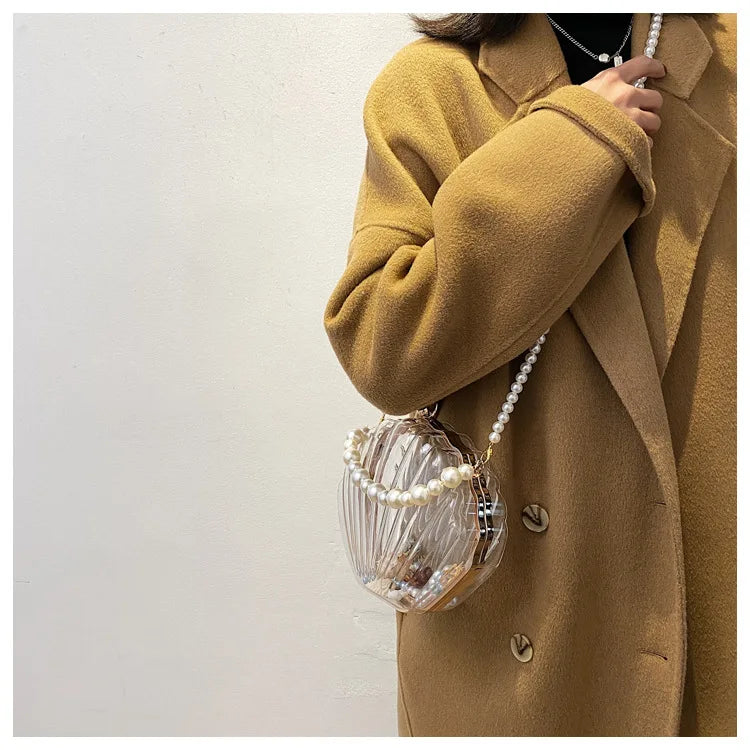 Transparent Shell Acrylic Clutch Bag – Evening Purse with Pearl Strap