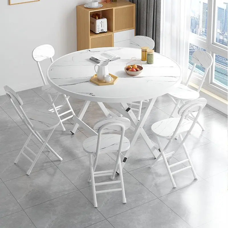 Modern Foldable Round Dining Table with Marble-Effect Top⁠
