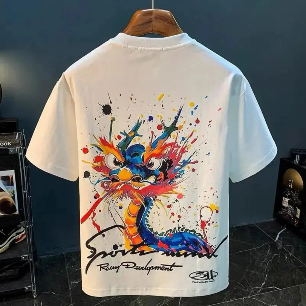 Japanese Dragon Paint Splatter Oversized Graphic Tee