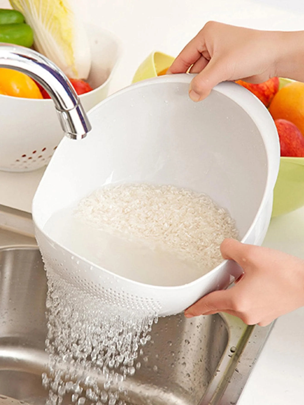 2-in-1 Kitchen Colander & Rice Washing Bowl with Drain Handle
