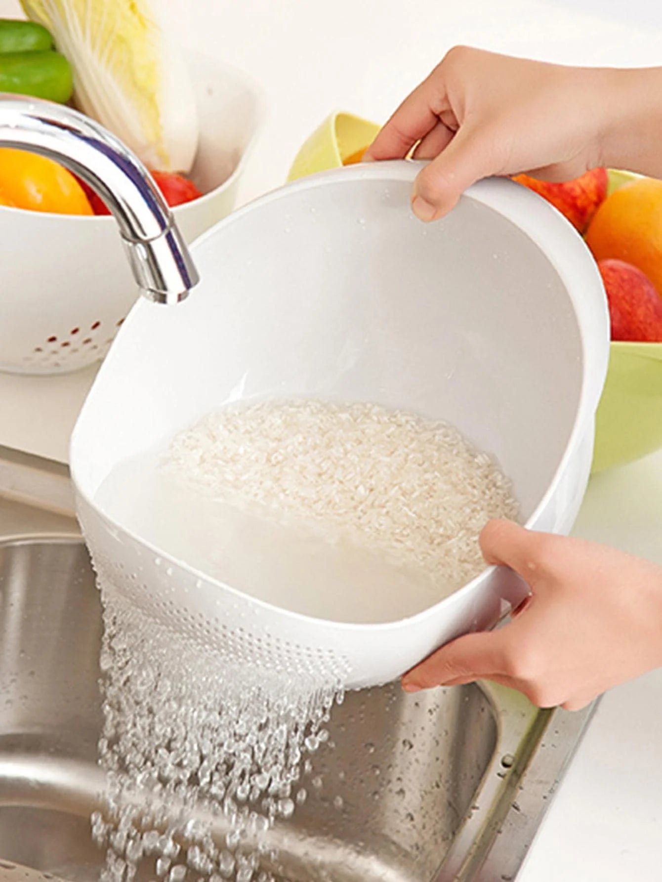 2-in-1 Kitchen Colander & Rice Washing Bowl with Drain Handle