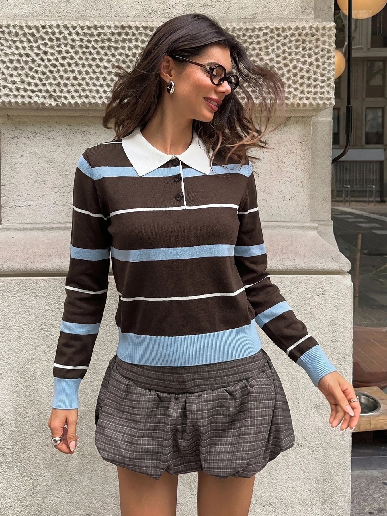 Coffee Brown Striped Preppy Polo Sweater