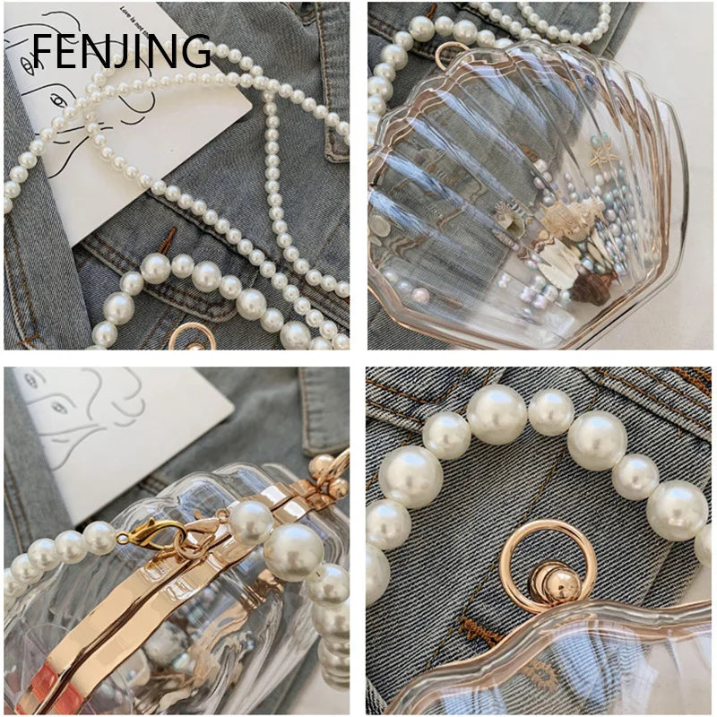Transparent Shell Acrylic Clutch Bag – Evening Purse with Pearl Strap
