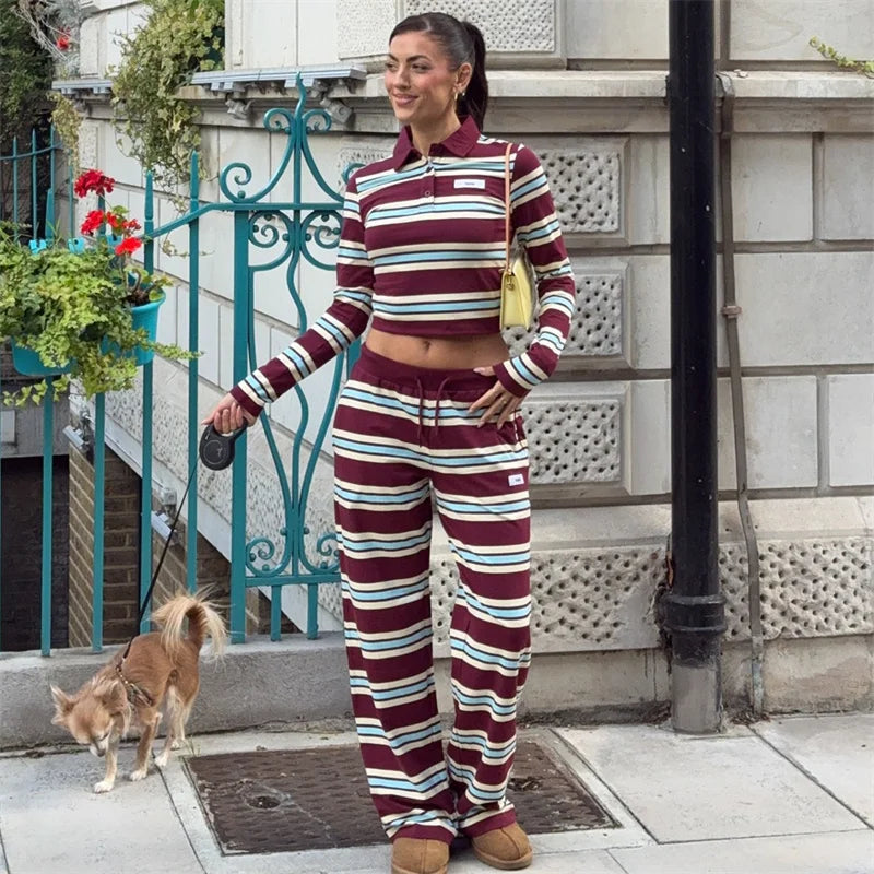 Burgundy Striped Lapel 2-Piece Lounge Set