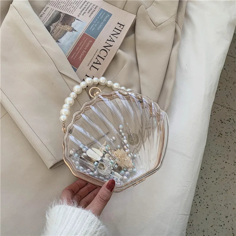 Transparent Shell Acrylic Clutch Bag – Evening Purse with Pearl Strap