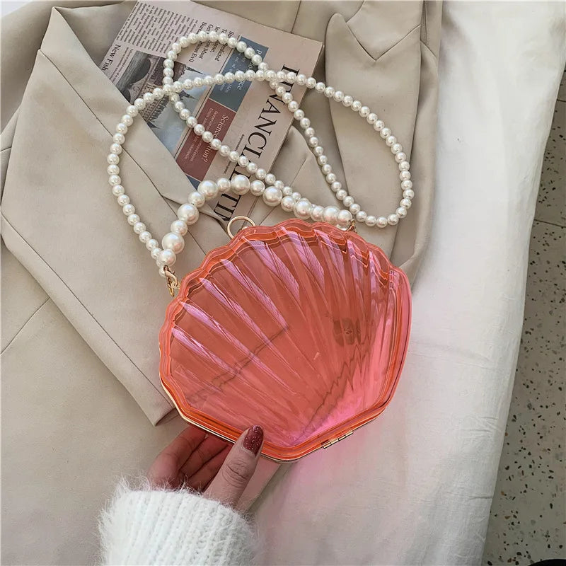 Transparent Shell Acrylic Clutch Bag – Evening Purse with Pearl Strap