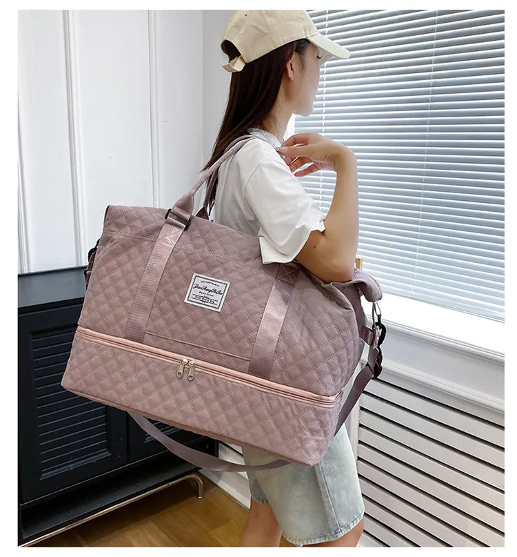 Large Capacity Quilted Travel Duffle Bag with Shoe Compartment