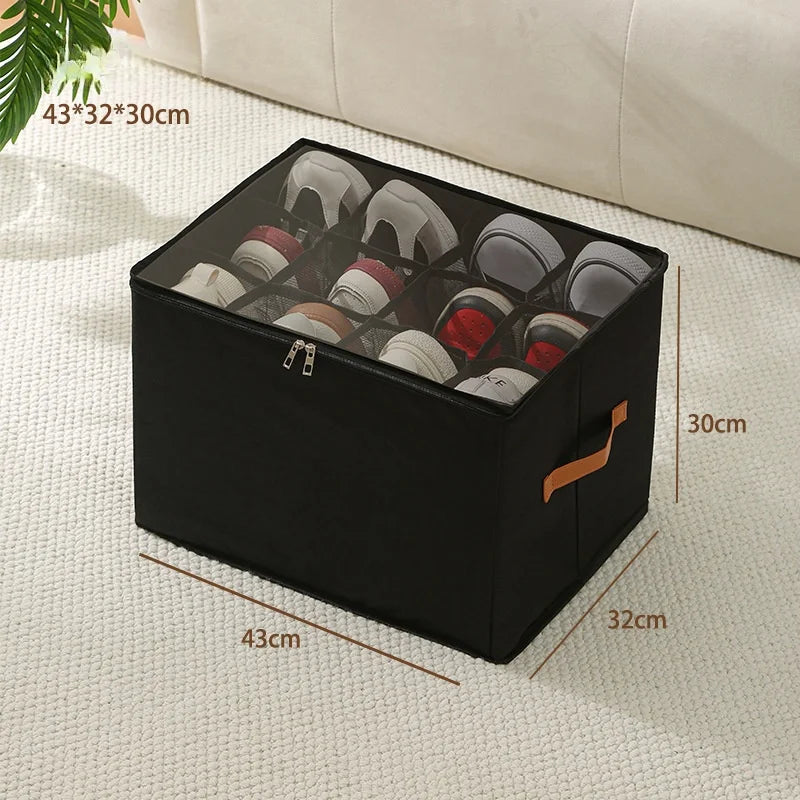 Foldable Fabric Shoe Storage Box with Dust-Proof Cover & Adjustable Dividers