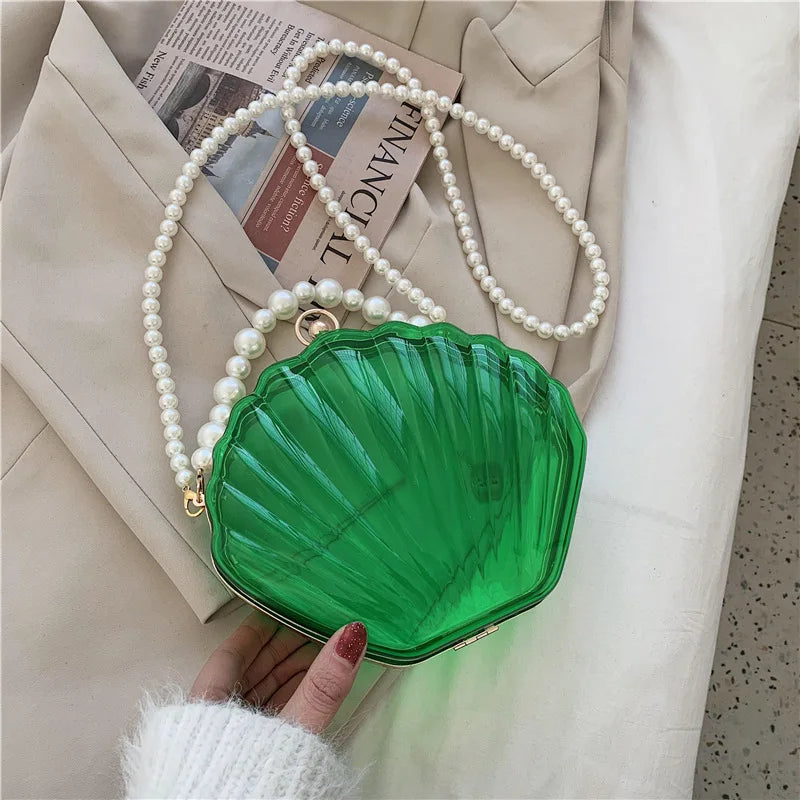 Transparent Shell Acrylic Clutch Bag – Evening Purse with Pearl Strap
