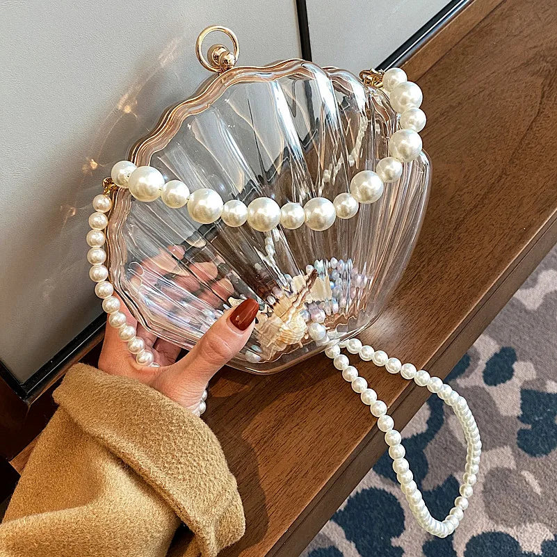 Transparent Shell Acrylic Clutch Bag – Evening Purse with Pearl Strap