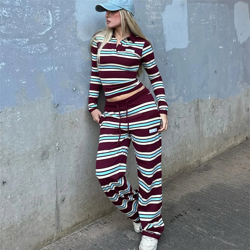 Burgundy Striped Lapel 2-Piece Lounge Set