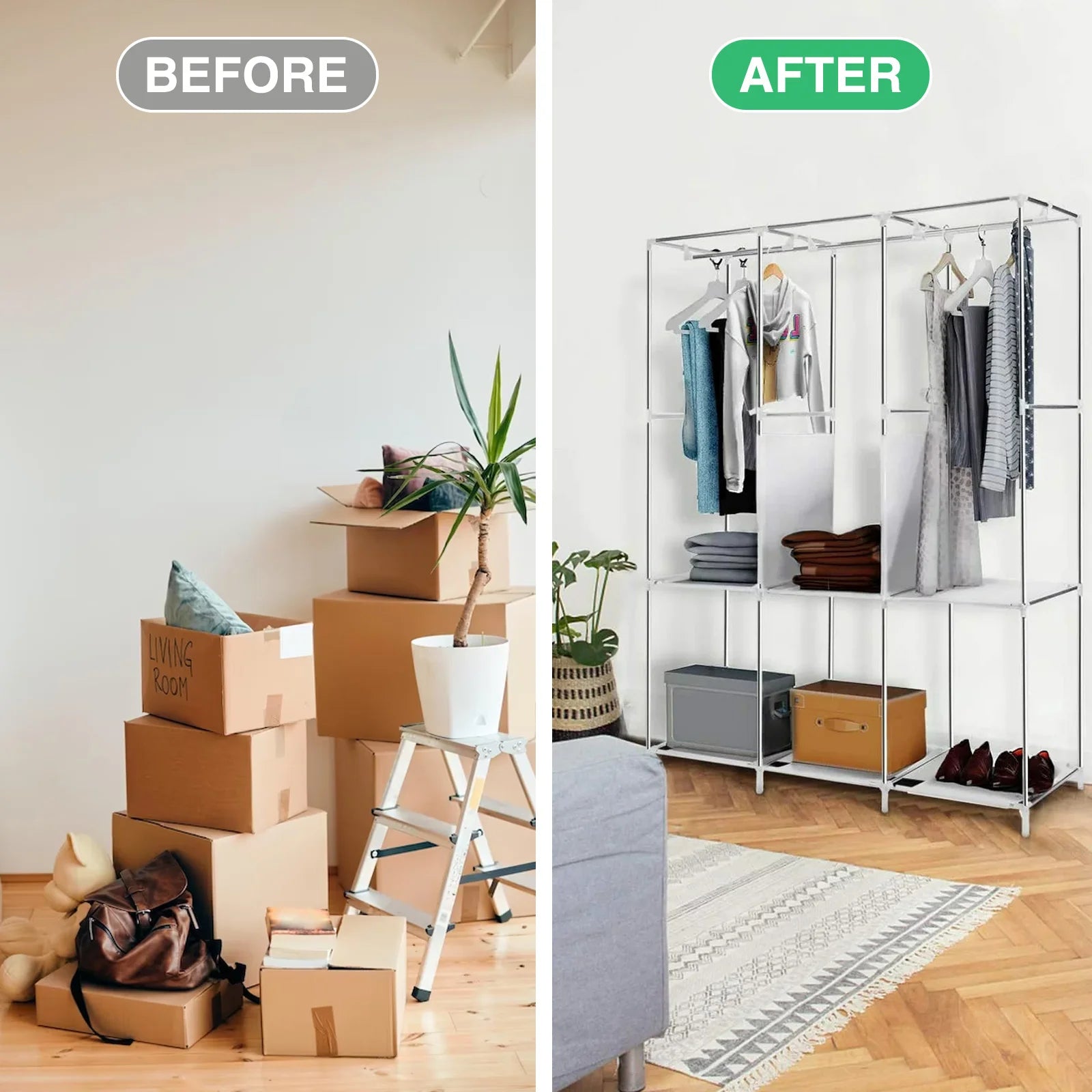 Closet Wardrobe Organizer Storage Rack Portable Clothes Shoe Clothing Shelf Dustproof Non-woven Fabric Quick and Easy to Assembl