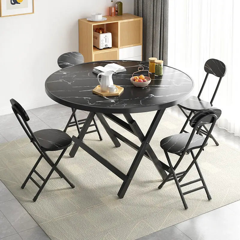 Modern Foldable Round Dining Table with Marble-Effect Top⁠