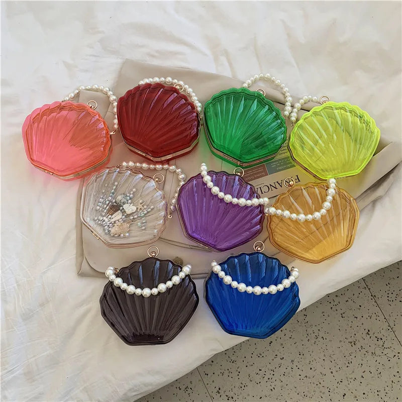 Transparent Shell Acrylic Clutch Bag – Evening Purse with Pearl Strap
