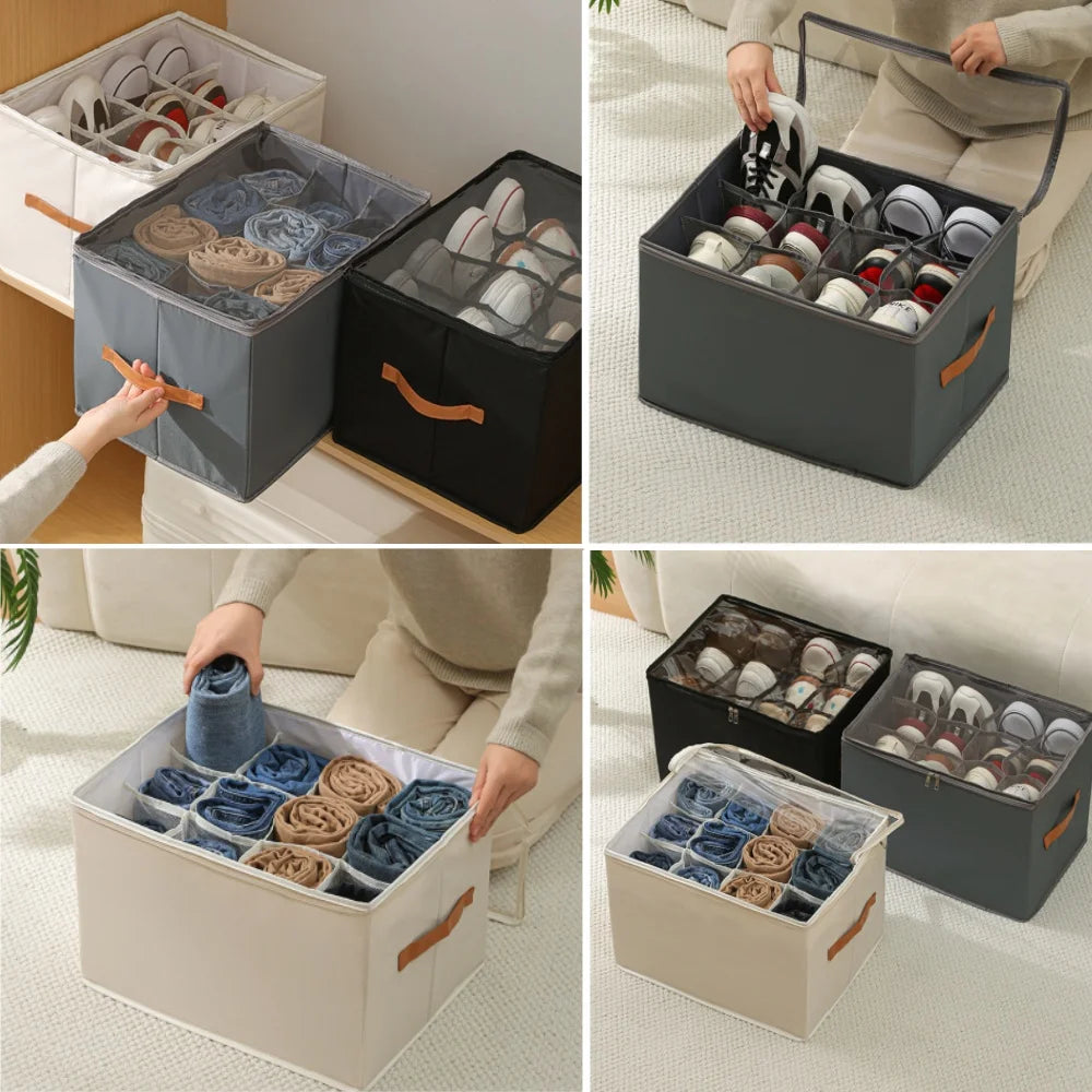 Foldable Fabric Shoe Storage Box with Dust-Proof Cover & Adjustable Dividers