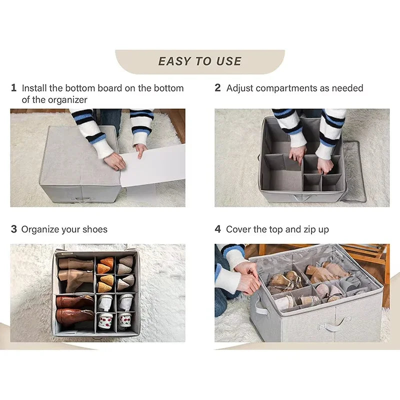 Foldable Fabric Shoe Storage Box with Dust-Proof Cover & Adjustable Dividers