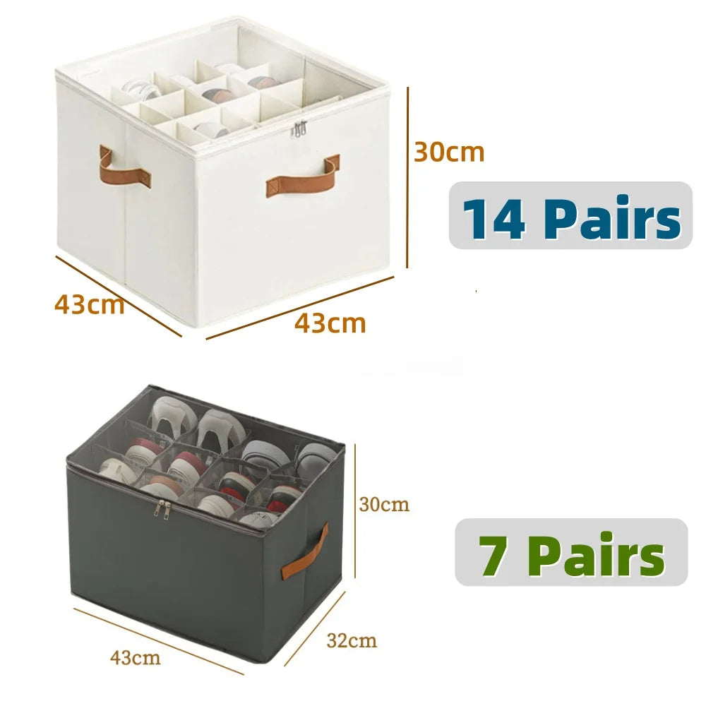 Foldable Fabric Shoe Storage Box with Dust-Proof Cover & Adjustable Dividers