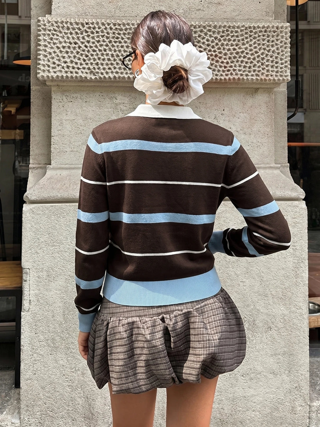 Coffee Brown Striped Preppy Polo Sweater