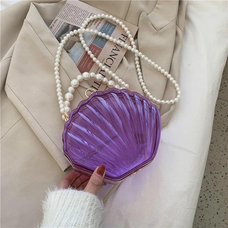 Transparent Shell Acrylic Clutch Bag – Evening Purse with Pearl Strap