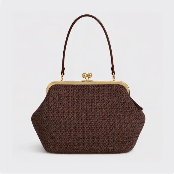 Woven Straw Oversized Frame Clutch – Elegant Vintage Kiss-Lock Shoulder Bag