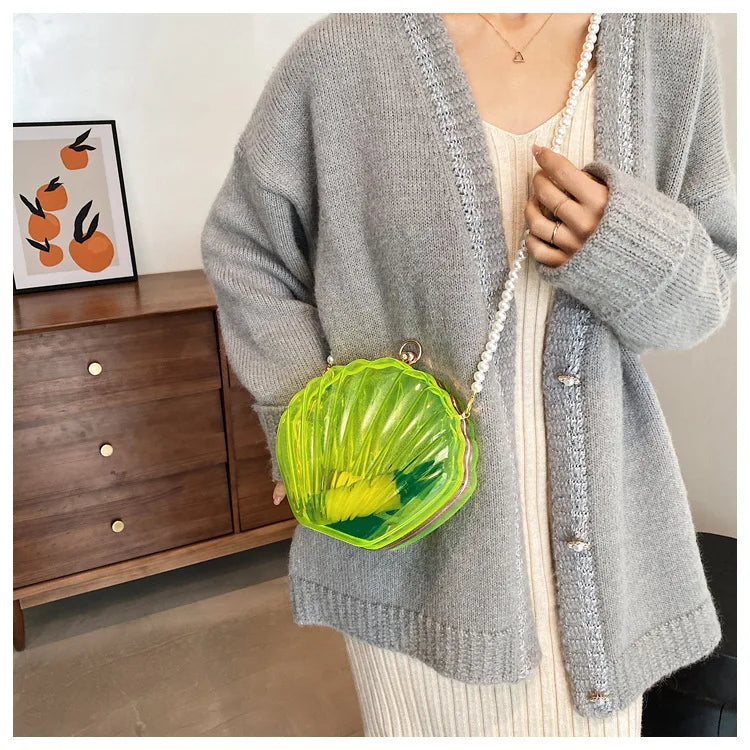 Transparent Shell Acrylic Clutch Bag – Evening Purse with Pearl Strap