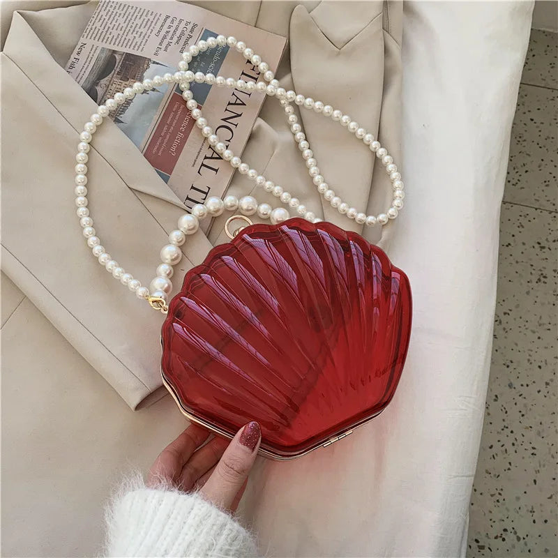 Transparent Shell Acrylic Clutch Bag – Evening Purse with Pearl Strap