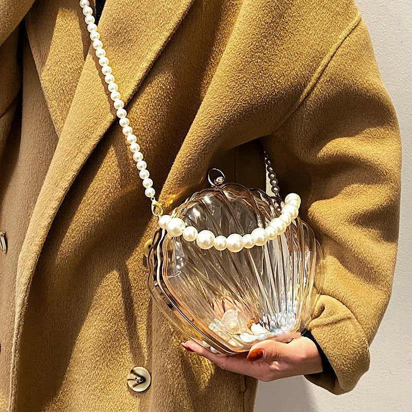 Transparent Shell Acrylic Clutch Bag – Evening Purse with Pearl Strap
