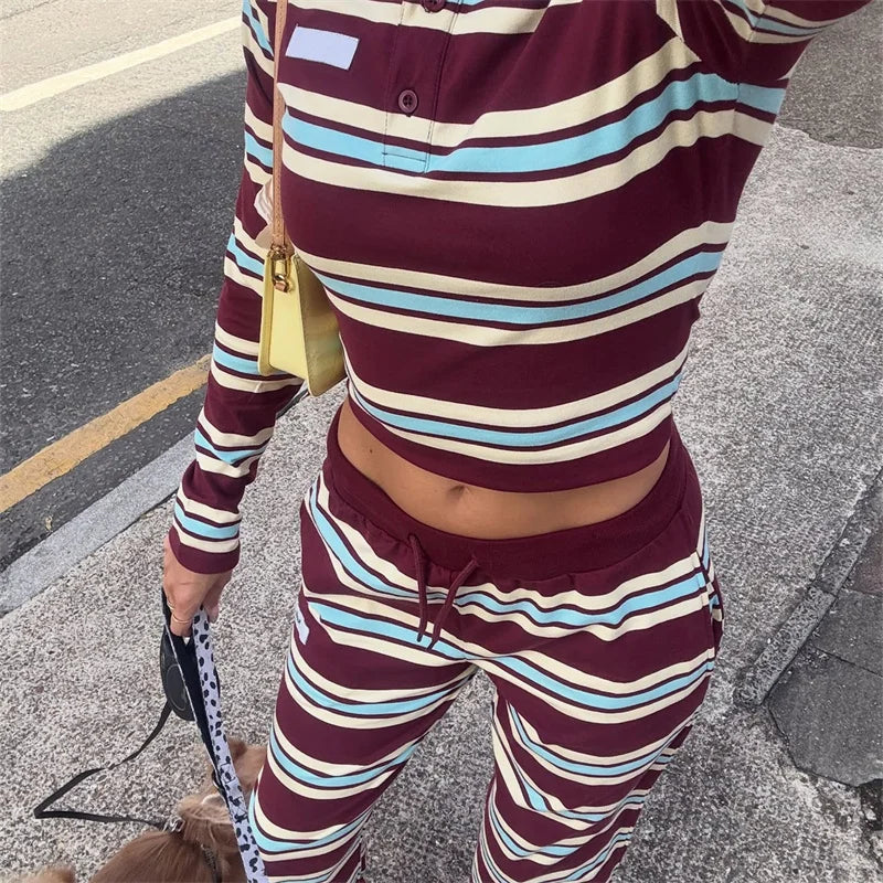 Burgundy Striped Lapel 2-Piece Lounge Set