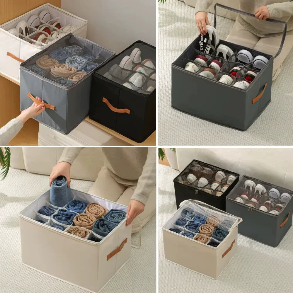 Foldable Fabric Shoe Storage Box with Dust-Proof Cover & Adjustable Dividers