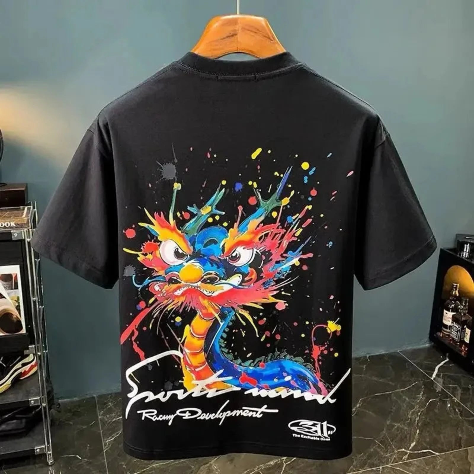 Japanese Dragon Paint Splatter Oversized Graphic Tee