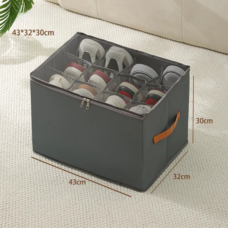 Foldable Fabric Shoe Storage Box with Dust-Proof Cover & Adjustable Dividers