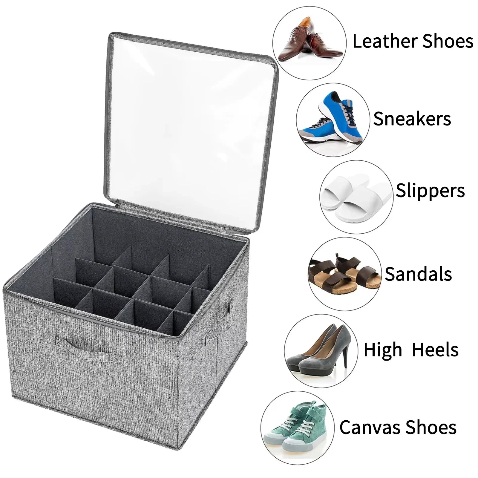Foldable Fabric Shoe Storage Box with Dust-Proof Cover & Adjustable Dividers