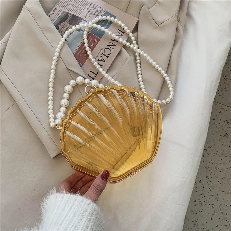 Transparent Shell Acrylic Clutch Bag – Evening Purse with Pearl Strap