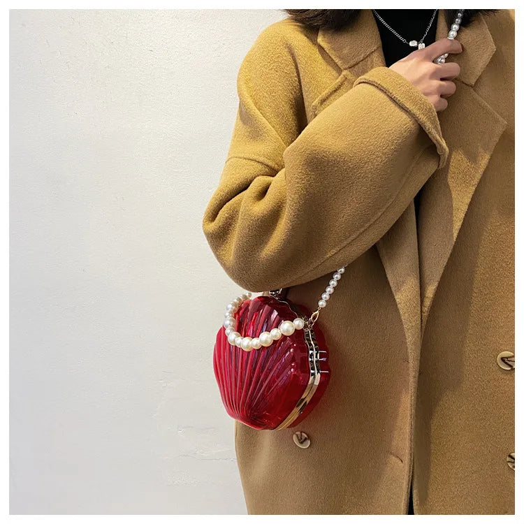 Transparent Shell Acrylic Clutch Bag – Evening Purse with Pearl Strap