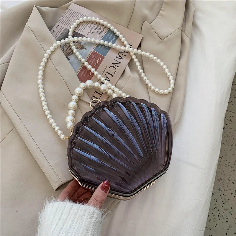 Transparent Shell Acrylic Clutch Bag – Evening Purse with Pearl Strap