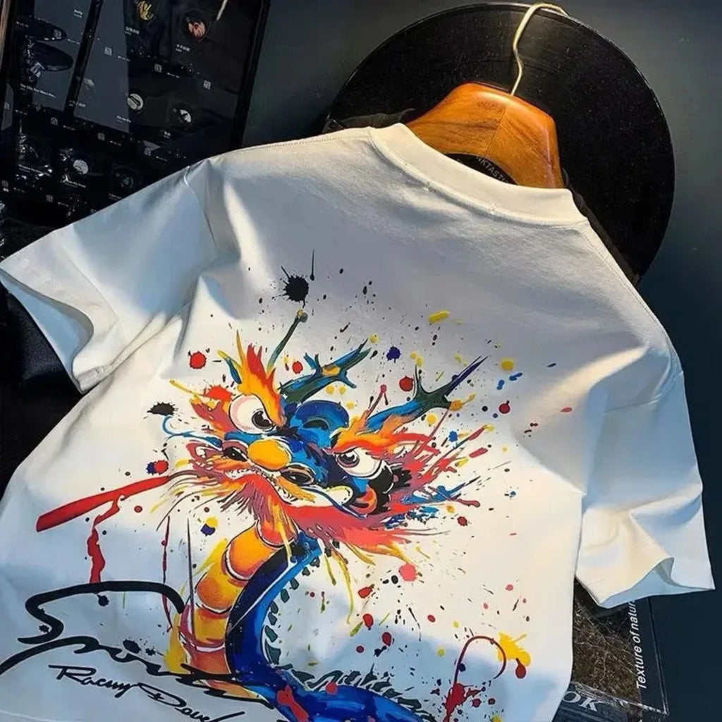 Japanese Dragon Paint Splatter Oversized Graphic Tee