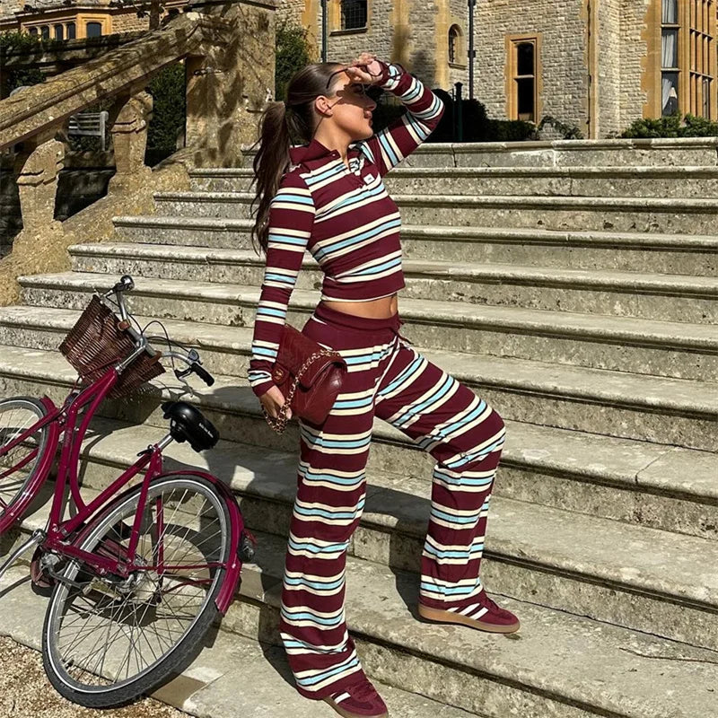 Burgundy Striped Lapel 2-Piece Lounge Set