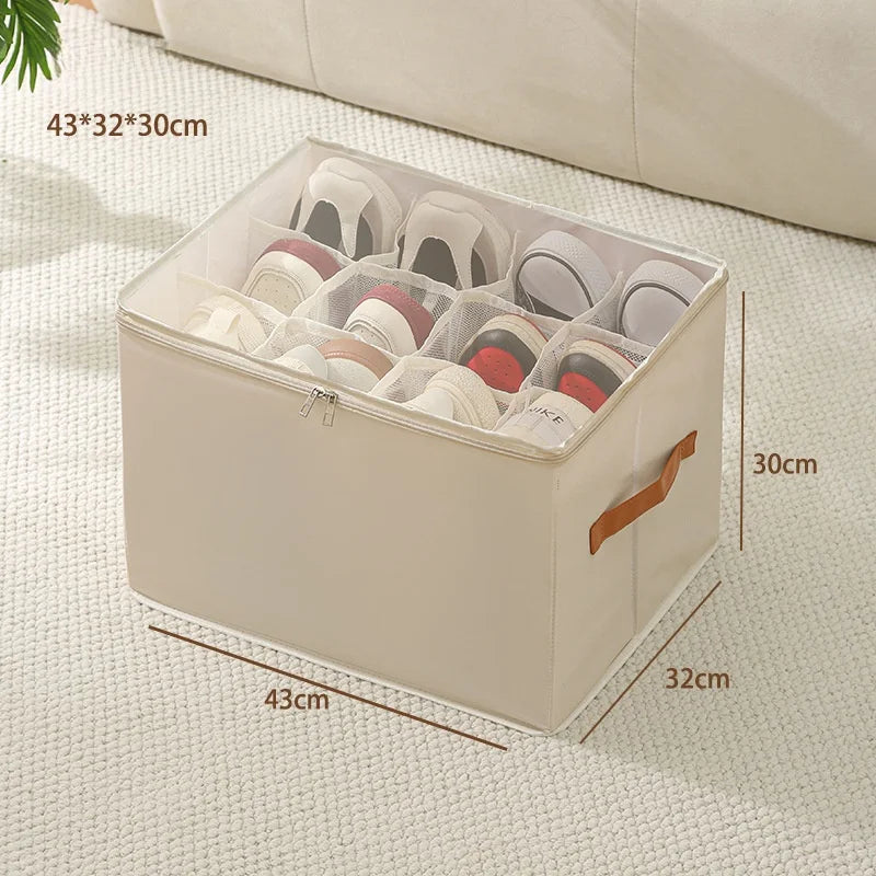 Foldable Fabric Shoe Storage Box with Dust-Proof Cover & Adjustable Dividers