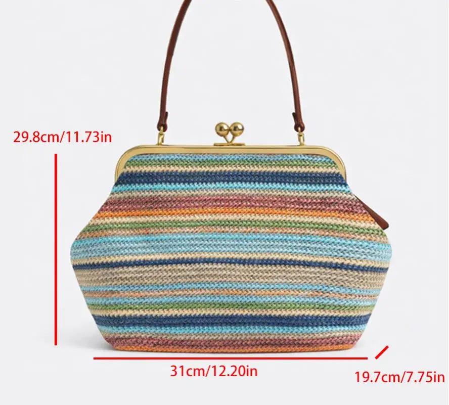 Woven Straw Oversized Frame Clutch – Elegant Vintage Kiss-Lock Shoulder Bag