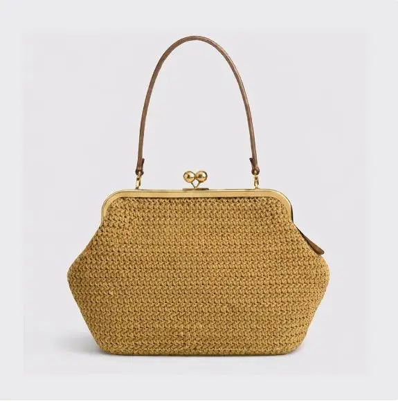Woven Straw Oversized Frame Clutch – Elegant Vintage Kiss-Lock Shoulder Bag