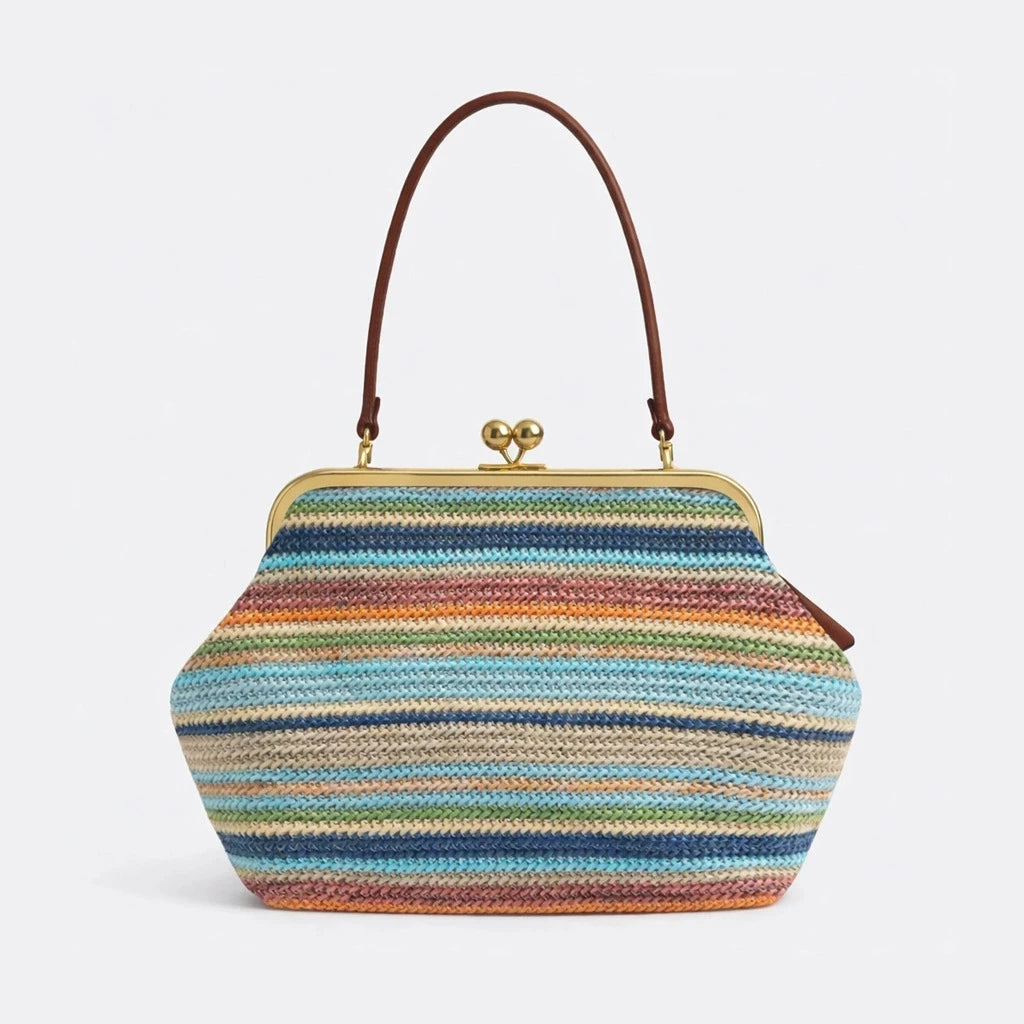 Woven Straw Oversized Frame Clutch – Elegant Vintage Kiss-Lock Shoulder Bag